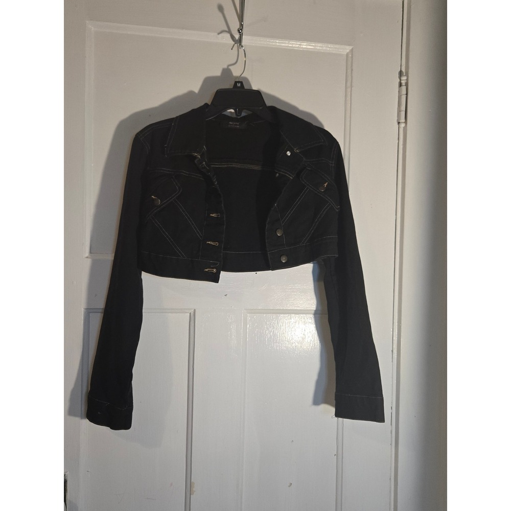 Helium Outerwear Black Denim Cropped Bolero Jacket Contrast Stitching Womens M